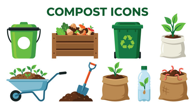 Garden and recycling concept with various compost icons.