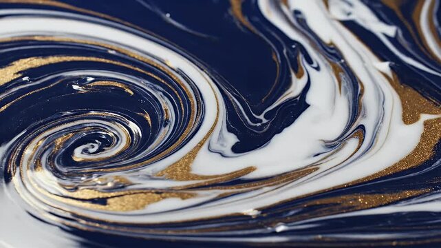 A close-up shot showcases a mesmerizing abstract swirl of navy blue, white, and gold paint, creating a dynamic and luxurious visual texture.