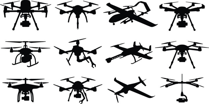 Set of unmanned aerial vehicle silhouettes including quadcopters commercial drones fixed wing uav and robotic arm drones.