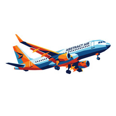 Fototapeta premium A dynamic abstract airplane takes flight, rendered with vibrant geometric polygons. The aircraft displays 