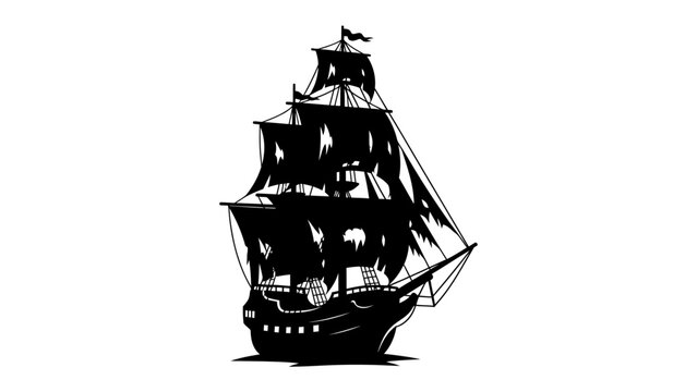 Black Silhouette of a Pirate Ship: A menacing silhouette of a pirate ship with tattered sails, captured in black against a stark white background.