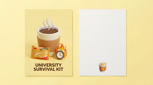 3D style university survival kit greeting card template with a hot coffee cup, instant noodles, and a burning alarm clock next to a blank card with a ramen cup icon on a yellow background.