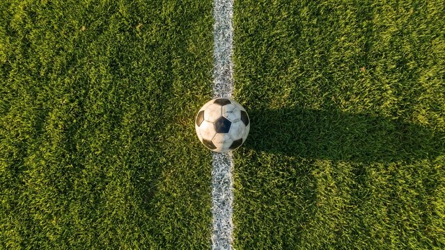 Soccer ball on the white touchline of a green football field at stadium under bright sunlight, perfect for sports training, match competition, or athletic championship concept
