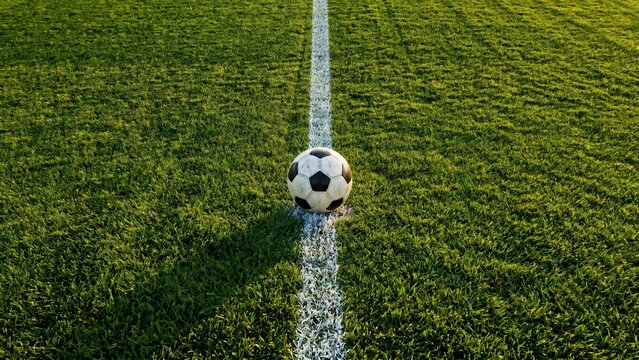 Soccer ball on the white touchline of a green football field at stadium under bright sunlight, perfect for sports training, match competition, or athletic championship concept