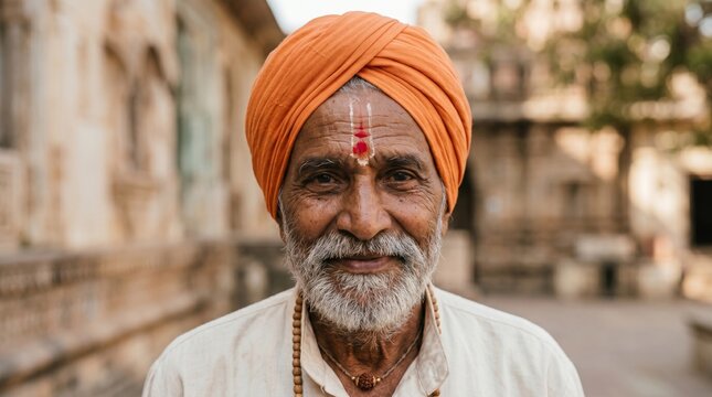 Portrait of an elderly Indian man wearing an orange turban. Spiritual senior devotee with traditional tilak mark in temple environment. Conceptual representation of faith and culture.