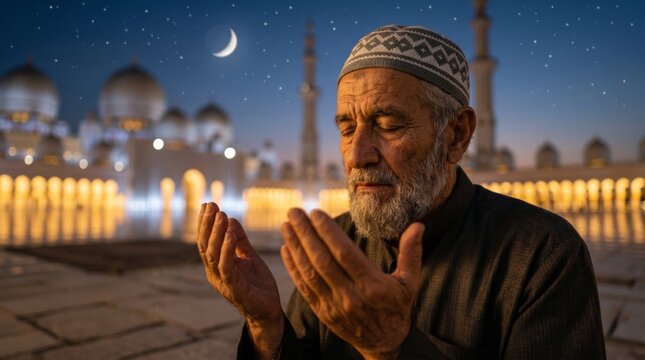 Elderly man praying near mosque during night. Muslim senior praying with hands raised at sunset. Religious worship, spiritual devotion, Islamic faith and meditation concept for Ramadan.