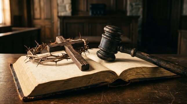 Wooden cross with crown of thorns and judge gavel on open old Bible. Concept of divine justice, religion, faith and law. Symbol of Christian judgment and spiritual legal authority.