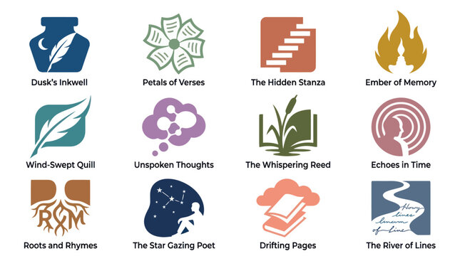 Collection of Poetry Icons: Inkwell, Flower, Stairs, Flame, Quill, Reed, Echoes, River, Book