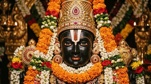 Statue of Hindu deity Vishnu adorned with flower garlands and gold crown. Religious icon inside temple for prayer and spiritual worship. Traditional Indian god sculpture in decoration.