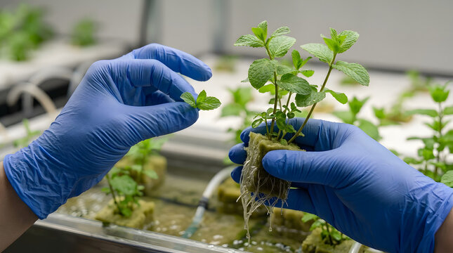 Agricultural specialist examining hydroponic mint roots in rockwool for plant health assessment