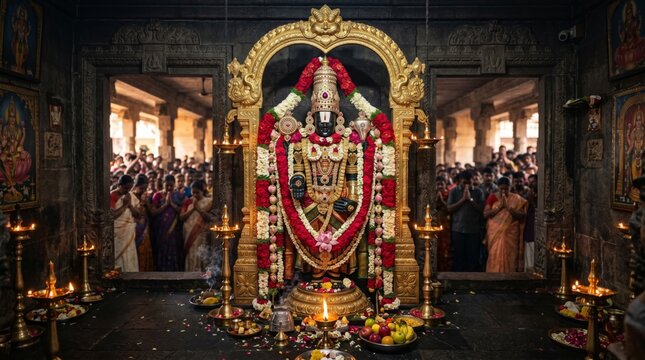 Statue of Lord Venkateswara inside Hindu temple. Deity decorated with flowers and gold jewelry. Devotees praying in background during spiritual worship. Traditional religious ritual.