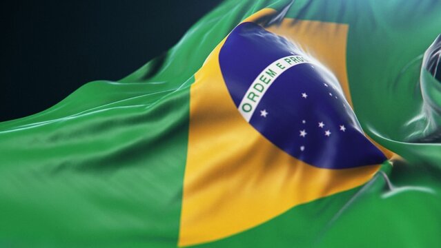 Brazil's vibrant flag flutters dynamically against a dark backdrop. Green and yellow stripes ripple with motion and texture. Blue starry globe dominates the center with white stars