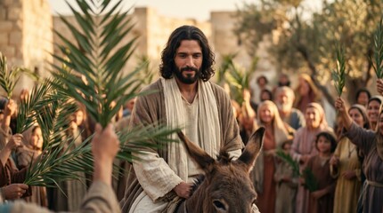 Obraz premium Man known as Jesus riding donkey arriving in Jerusalem. Crowd of people holding palm branch to welcome him. Biblical scene for Palm Sunday, historical religious event, faith concept.