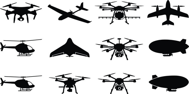 Set of unmanned aerial vehicle silhouettes including quadcopters commercial drones helicopters fixed wing uav and airships.