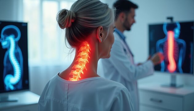 Medical scan shows glowing spine pain. Doctor reviews X-ray with patient showing neck discomfort. Vertebrae highlighted red indicating injury or illness. Spinal column diagnostics, wellness science.