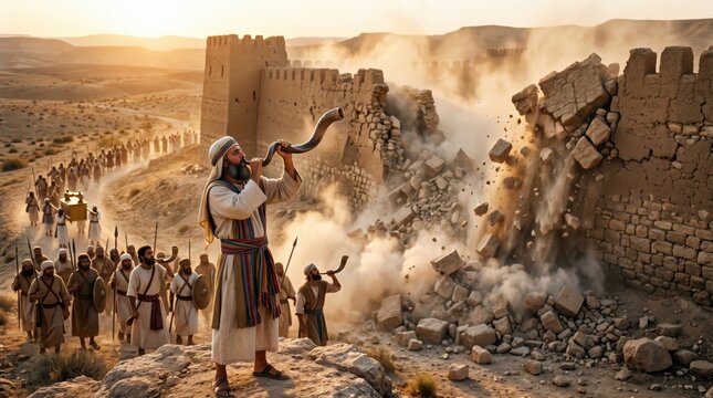 Man blowing shofar horn as ancient stone wall collapses. Biblical scene of Jericho city siege. Israelites marching with Ark of Covenant. Historical religious event and faith concept.