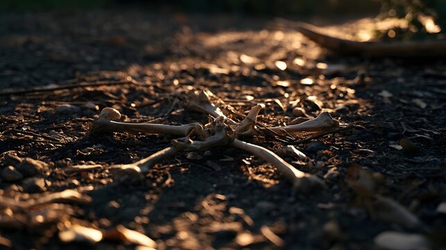 Dramatic shadows stretch across sun bleached bones lying on the ground conveying a powerful sense of urgency and desolation