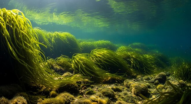 Underwater aquatic plant life swaying gently in ocean current sunlight