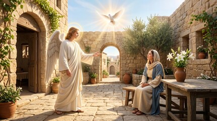 Obraz premium Angel visits young woman in house courtyard. Religious biblical scene of Annunciation. Holy spirit as dove appearing to Mary. Concept of faith, divine revelation and spiritual miracle.