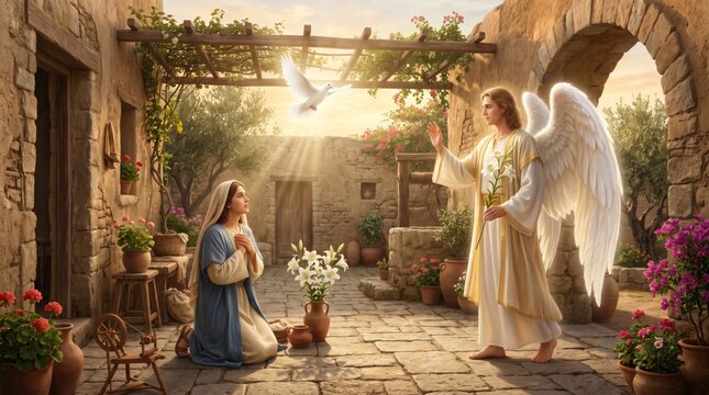 Angel Gabriel appearing to young woman Mary in Nazareth. Biblical annunciation scene with flying white dove. Christian religious event, spiritual encounter and faith illustration.