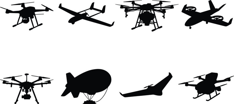 Set of unmanned aerial vehicle silhouettes including quadcopters commercial drones fixed wing uav and airship.
