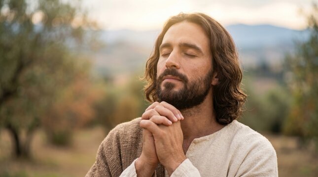 Man depicting Jesus Christ praying with closed eyes outdoor. Spiritual religious portrait. Faith and devotion concept. Biblical scene for Easter or Christmas holiday communication material.