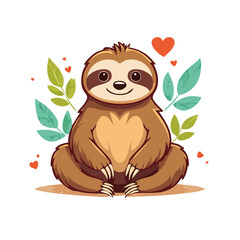 Obraz premium Cute cartoon sloth holding heart with leaves
