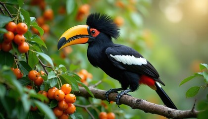 Obraz premium Black hornbill with large yellow beak sits on branch with orange berries. Bird has vibrant red tail feathers and crest. Focus is on unique wildlife creature in natural habitat during daytime.