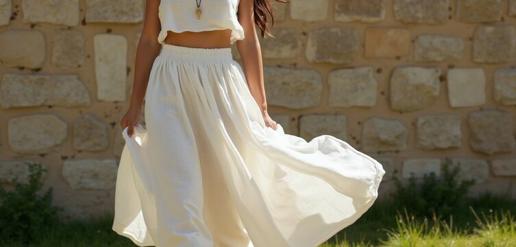 Woman wears flowing white linen midi skirt and crop top. She holds fabric edges. Outdoor natural light, stone wall backdrop. Elegant summer fashion.