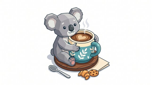 Kawaii low-poly koala hugging big teal mug with hot chocolate and heart foam. Croissant, cookie, spoon, napkin nearby. Cozy cute vector art.