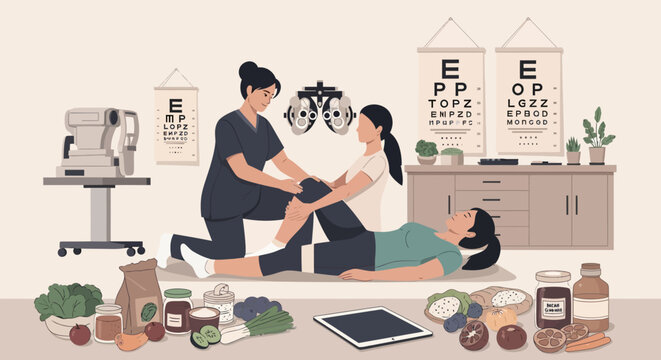 Optometrist examining patients eyes with charts and equipment.