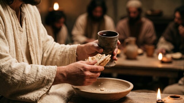 Man breaking bread and holding cup of wine at Last Supper. Religious scene depicting Jesus with apostles during communion. Historical christian feast representing sacrifice and faith.