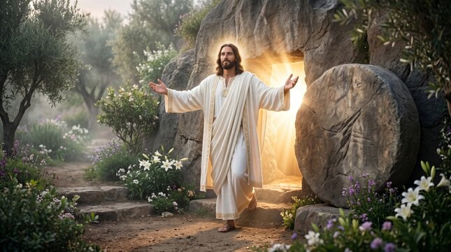 Jesus Christ standing in front of open stone tomb during Easter. Resurrected savior with arms outstretched in garden. Biblical religious scene of resurrection and spiritual rebirth.