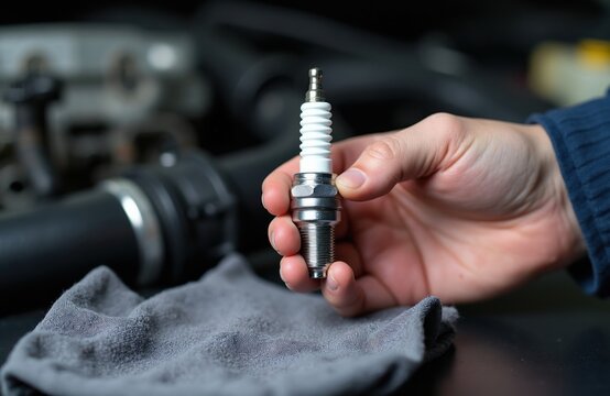 Close up of hand holding new spark plug part for car engine. Mechanic preparing for auto service, vehicle repair at workshop. Auto care, DIY.