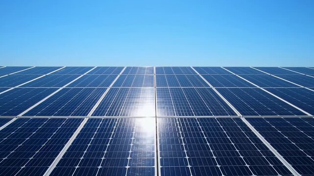 ?Shining solar panels in bright sunlight: sustainable energy on a clear day