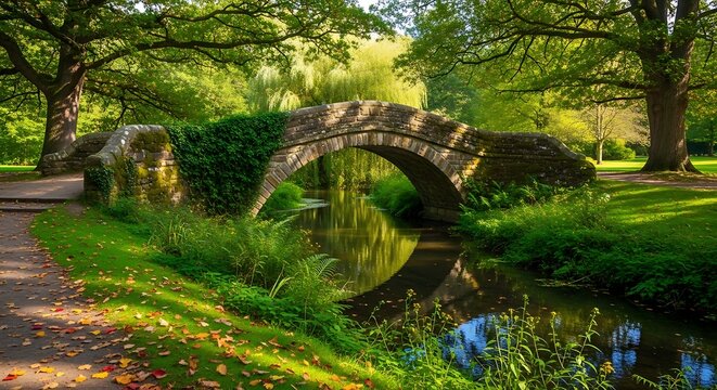 Stone arch bridge over reflecting creek in lush green park sunlight