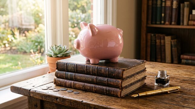 Charming glossy pink ceramic piggy bank sitting prominently on rustic reclaimed wood desk, resting on stack of vintage ledgers beside pen.