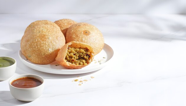 Delicious traditional Indian street food Khasta Kachori with spicy lentil stuffing on a white plate, generative AI illustration