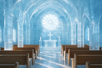 Naklejka premium Interior of an ice chapel with arched columns, wooden pews, and altar under soft light in creative architectural setting. Ai generative