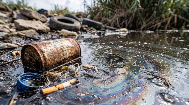 Water pollution with rusty tin can, oil slick and trash on river bank with old tires in nature background.