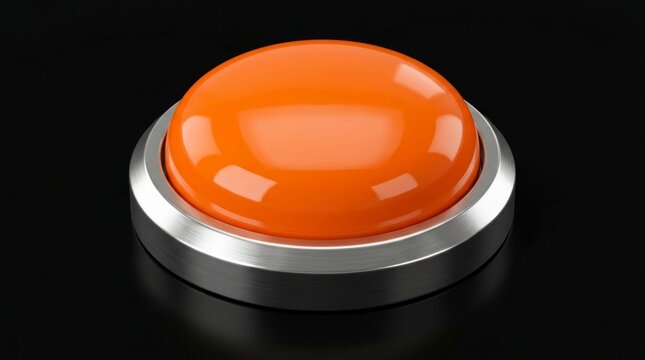Tactile orange buzzer mounted on metal bezel against dark background with sharp macro focus for call to action web design