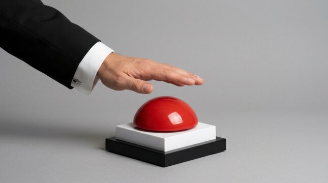 Red alarm buzzer approached by executive hand in suit on neutral studio background for corporate decision making and risk management marketing