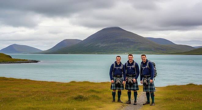 Three men in kilts standing outdoors by a lake with mountains