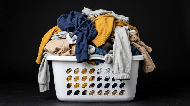 Laundry basket overflowing with colorful clothes on a black studio background with sharp focus for household chores and detergent marketing