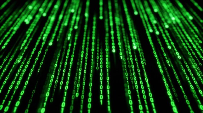 Detailed cyber security concept visualizing streams of glowing neon green binary code cascading rapidly downward against dark background.