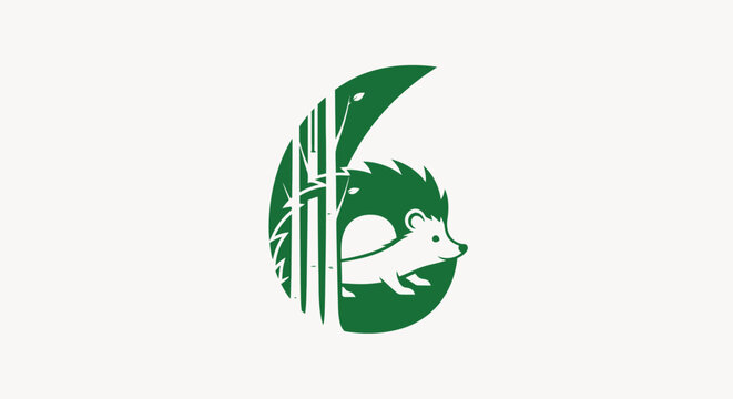 Green hedgehog logo with bamboo leaves design.