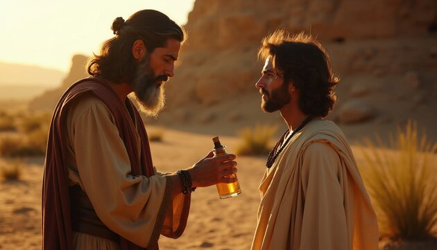 Elderly prophet anoints young man with oil in desert setting. Biblical scene with desert landscape. Consecration ritual with sacred oil pour. Spiritual leadership transfer. Ancient faith tradition
