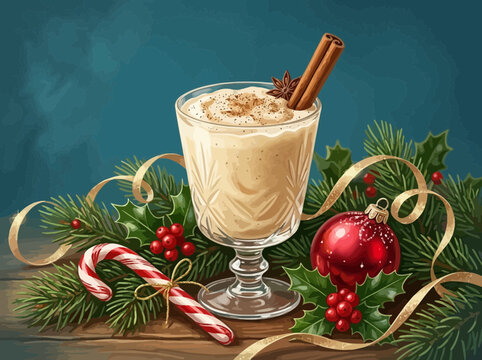 A festive eggnog drink with Christmas decorations and cinnamon stick