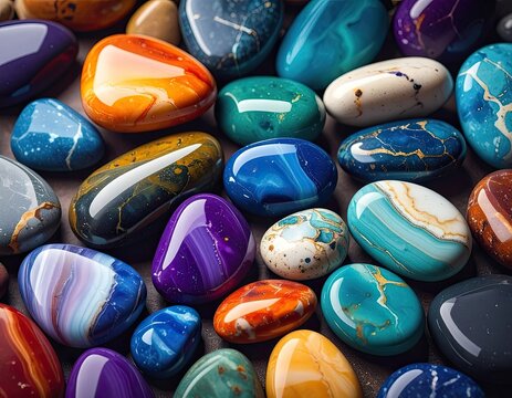 A vibrant collection of polished, colorful gemstones, smooth and glossy