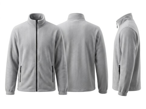 Gray fleece jacket displayed in front back and side views on white background with sharp textile detail for e-commerce retail marketing